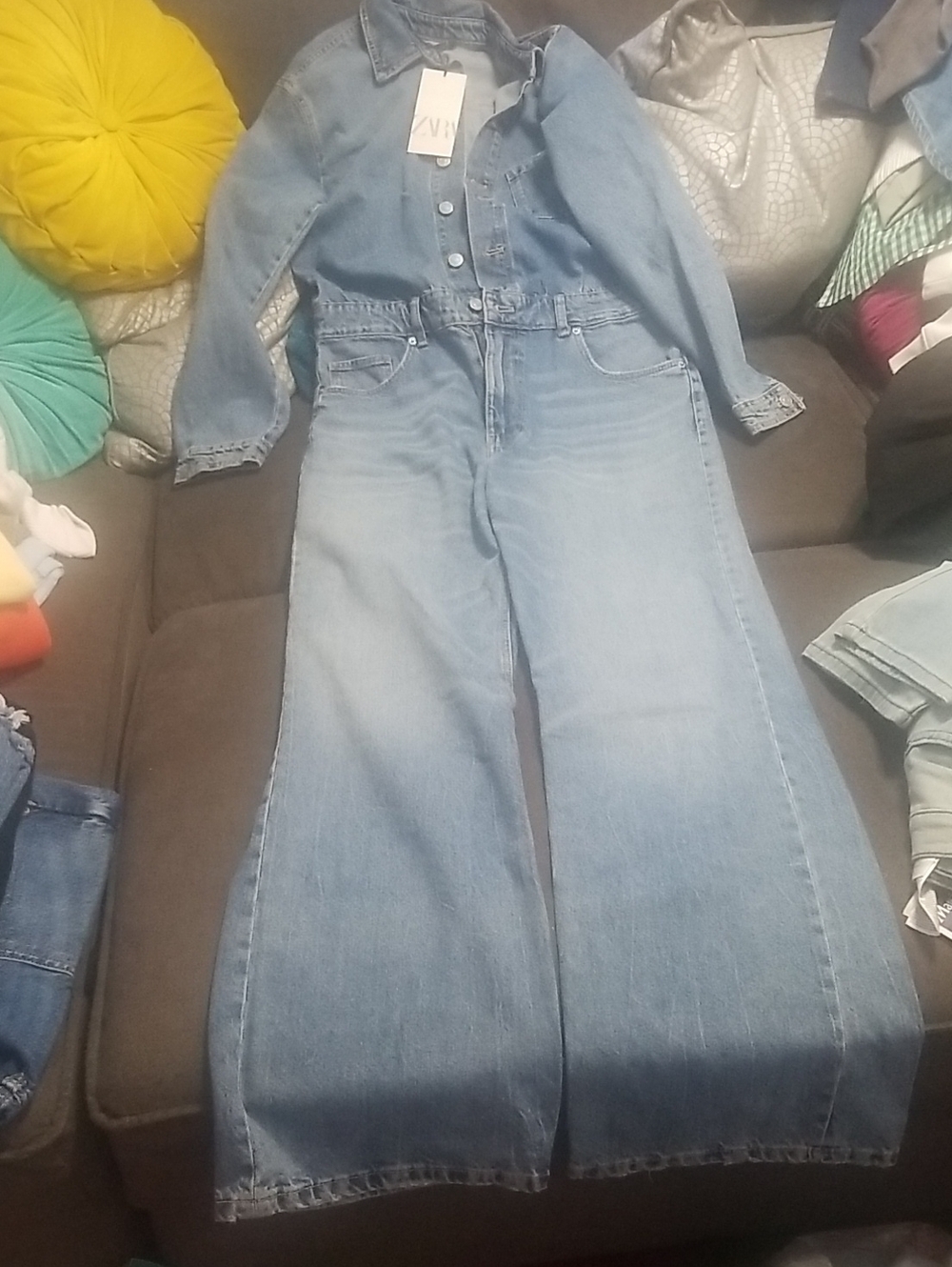 Zara Light Blue Wide-Leg Denim Jumpsuit